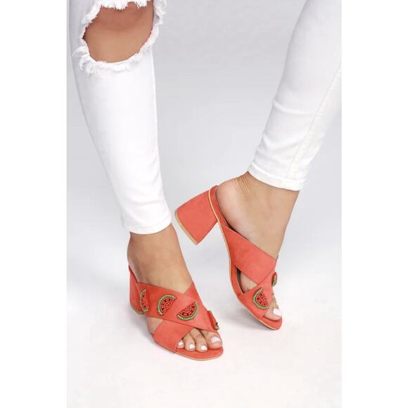 Lulu’s Lemon Drop by Privileged Red Watermelon Chunky Mule Slip On Heels Size 7 - Picture 3 of 10